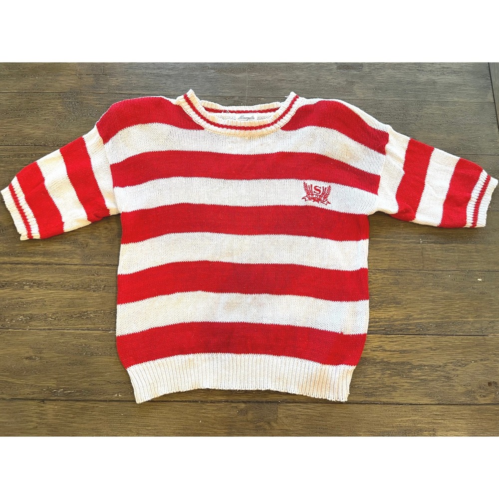 Margules Vintage Red White Striped Short Sleeve Sweater Crest Shoulder Pads S